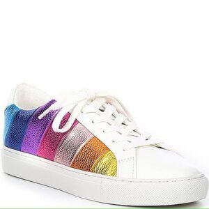 Kurt Geiger $150 Lane Metallic Rainbow Stripe Lace Up Sneakers Sz 6.5 NIB!